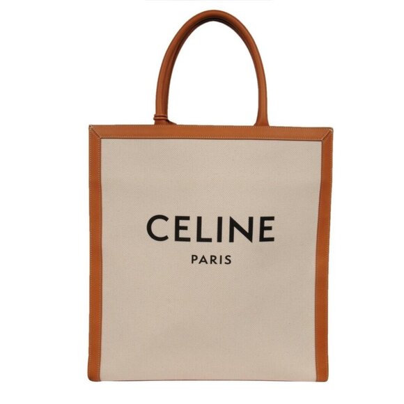 Celine Womens Vertical Cabas Logo Tote Bag Brown Beige Leather Large Travel Bag - Picture 1 of 16